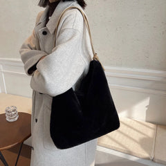 Soft Plush Double Strap Shoulder Bag For Women - Faux Fur Shopper Ba