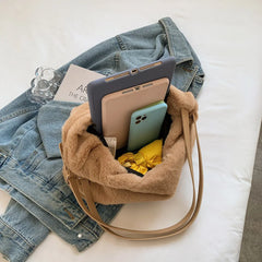 Soft Plush Double Strap Shoulder Bag For Women - Faux Fur Shopper Ba