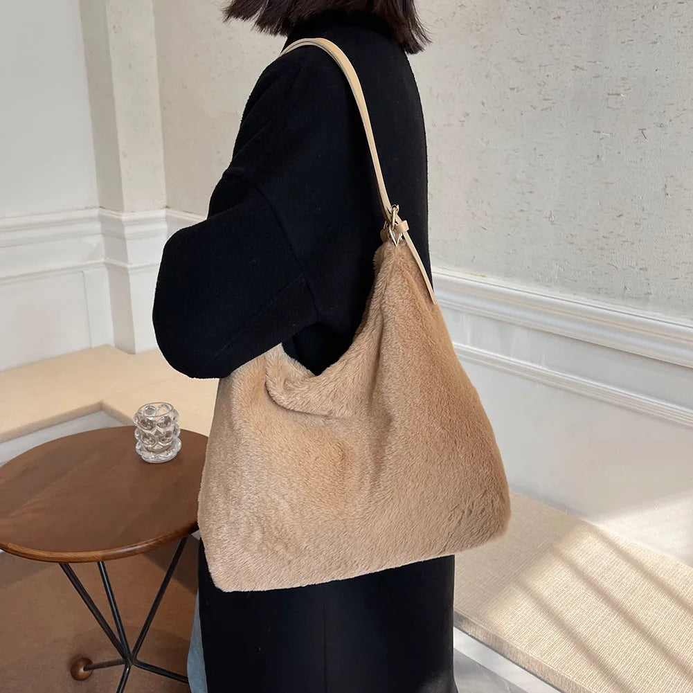 Soft Plush Double Strap Shoulder Bag For Women - Faux Fur Shopper Ba