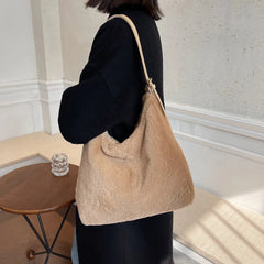 Soft Plush Double Strap Shoulder Bag For Women - Faux Fur Shopper Ba