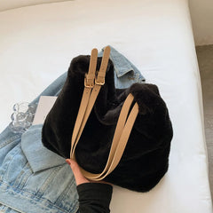 Soft Plush Double Strap Shoulder Bag For Women - Faux Fur Shopper Ba