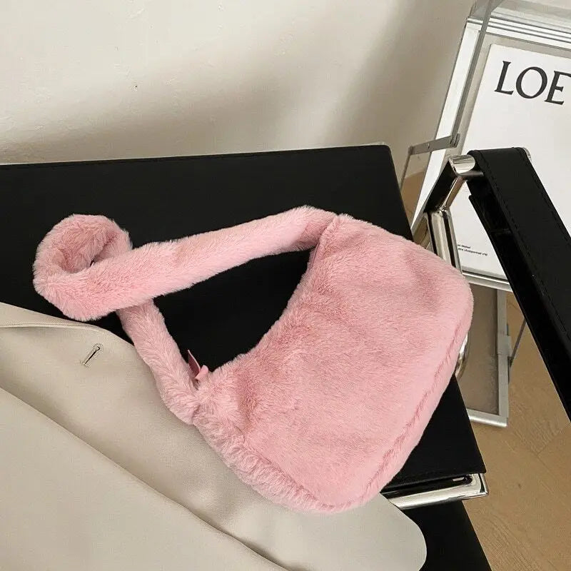 Soft Plush Hobos Shoulder Bags Furry Clutch Purse Handbag