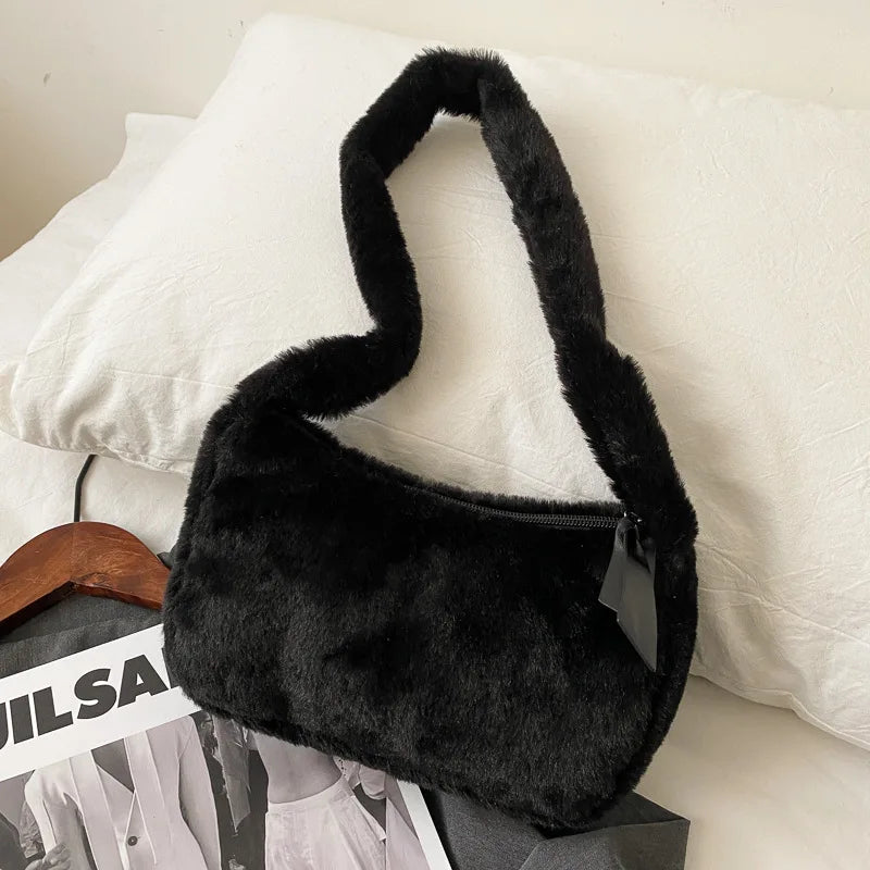 Soft Plush Hobos Shoulder Bags for Women Winter Furry Ladies Clutch Purse Handba