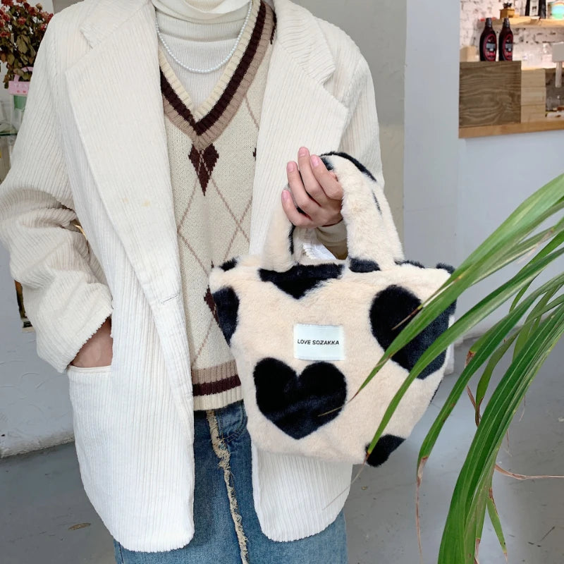Japanese Plush Handbag Love Heart Shoulder Bag Winter Large Capacity