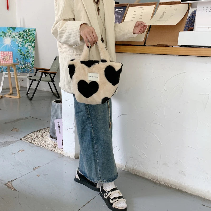 Japanese Plush Handbag Love Heart Shoulder Bag Winter Large Capacity