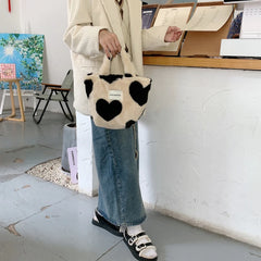 Japanese Plush Handbag Love Heart Shoulder Bag Winter Large Capacity