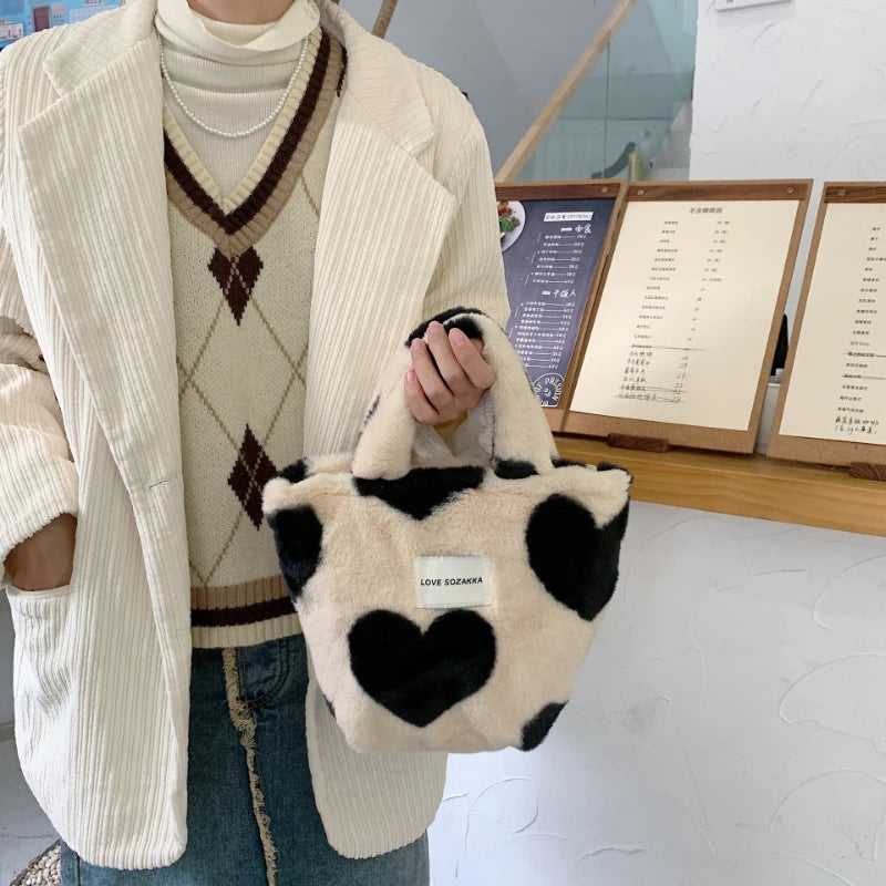 Japanese Plush Handbag Love Heart Shoulder Bag Winter Large Capacity