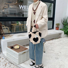 Japanese Plush Handbag Love Heart Shoulder Bag Winter Large Capacity