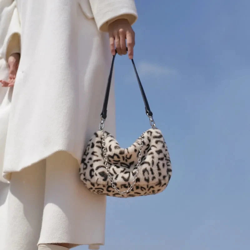 Leopard Pattern Crossbody Bag Furry Ladies Chain Small Shoulder