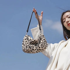 Leopard Pattern Crossbody Bag Furry Ladies Chain Small Shoulder