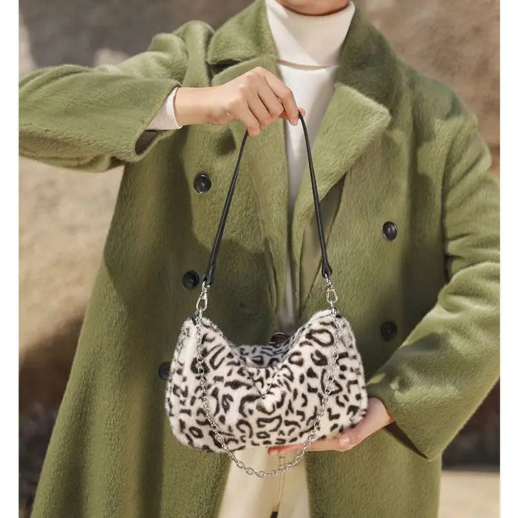 Leopard Pattern Crossbody Bag Furry Ladies Chain Small Shoulder