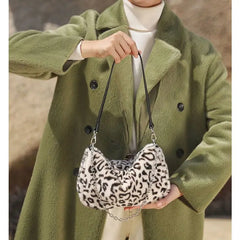 Leopard Pattern Crossbody Bag Furry Ladies Chain Small Shoulder