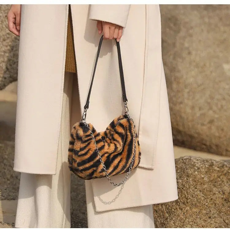 Leopard Pattern Crossbody Bag Furry Ladies Chain Small Shoulder