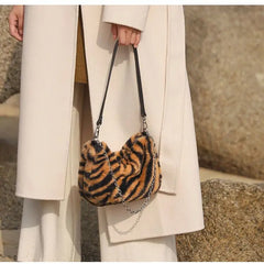 Leopard Pattern Crossbody Bag Furry Ladies Chain Small Shoulder