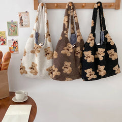Soft Plush Shoulder Bag Women Tote Cartoon Bear Shopping Bags