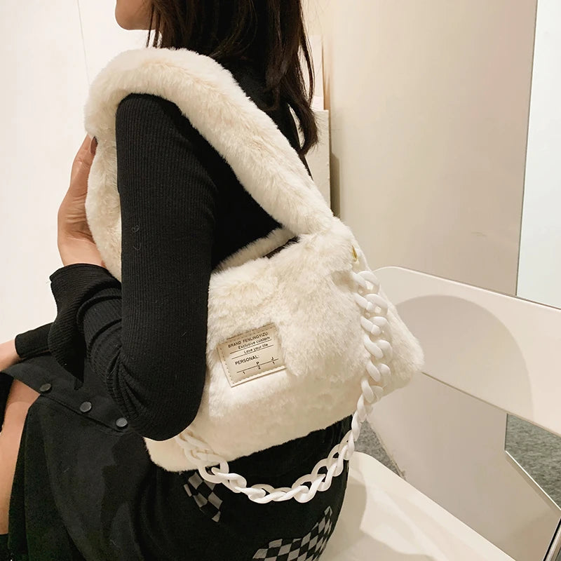 Fluffy Plush Shoulder Bag Winter Handbag Chain Faux Fur Hand Warmers