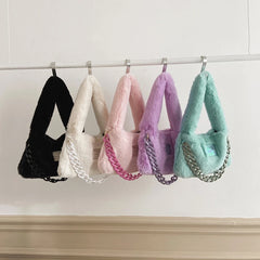 Fluffy Plush Shoulder Bag Winter Handbag Chain Faux Fur Hand Warmers