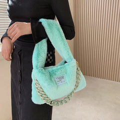 Fluffy Plush Shoulder Bag Winter Handbag Chain Faux Fur Hand Warmers
