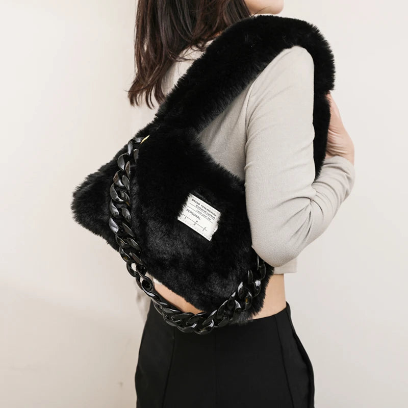 Fluffy Plush Shoulder Bag Winter Handbag Chain Faux Fur Hand Warmers