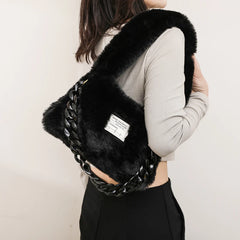Fluffy Plush Shoulder Bag Winter Handbag Chain Faux Fur Hand Warmers