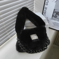 Fluffy Plush Shoulder Bag Winter Handbag Chain Faux Fur Hand Warmers