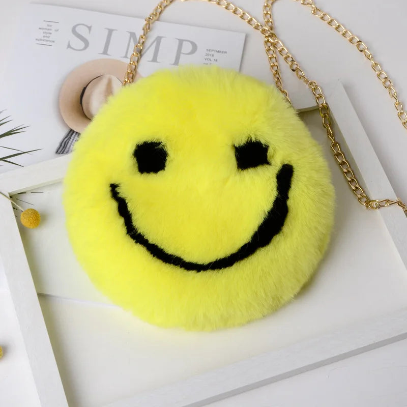 Soft Plush Women Chain Shoulder Bags Faux Fur Smiley Ladies Small Crossbody Bag