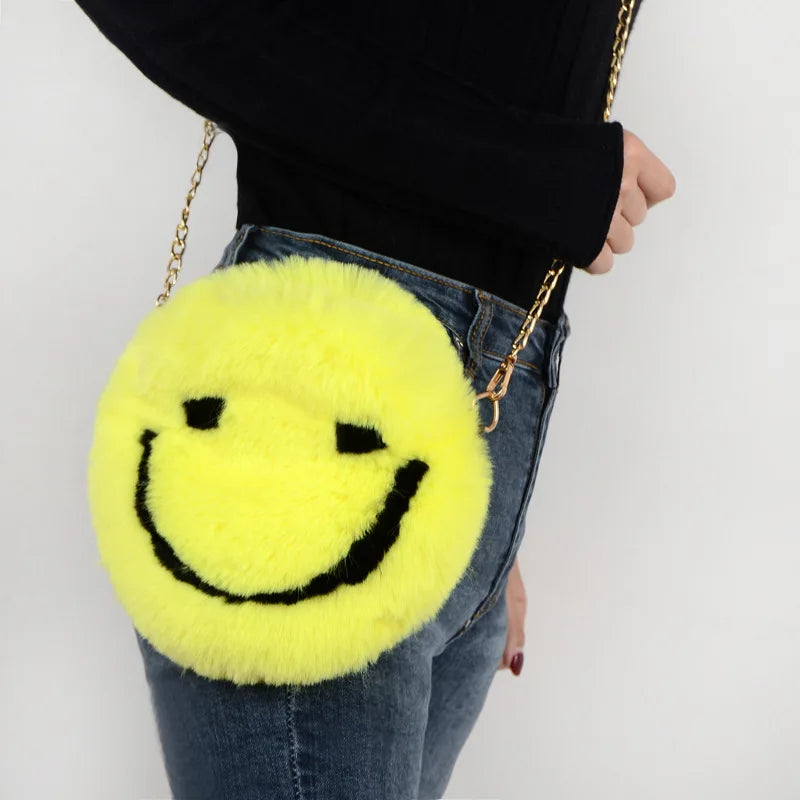 Soft Plush Women Chain Shoulder Bags Faux Fur Smiley Ladies Small Crossbody Bag