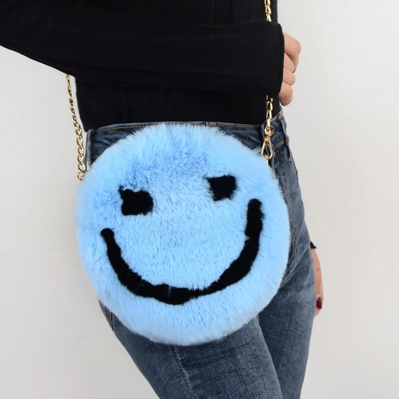 Soft Plush Women Chain Shoulder Bags Faux Fur Smiley Ladies Small Crossbody Bag
