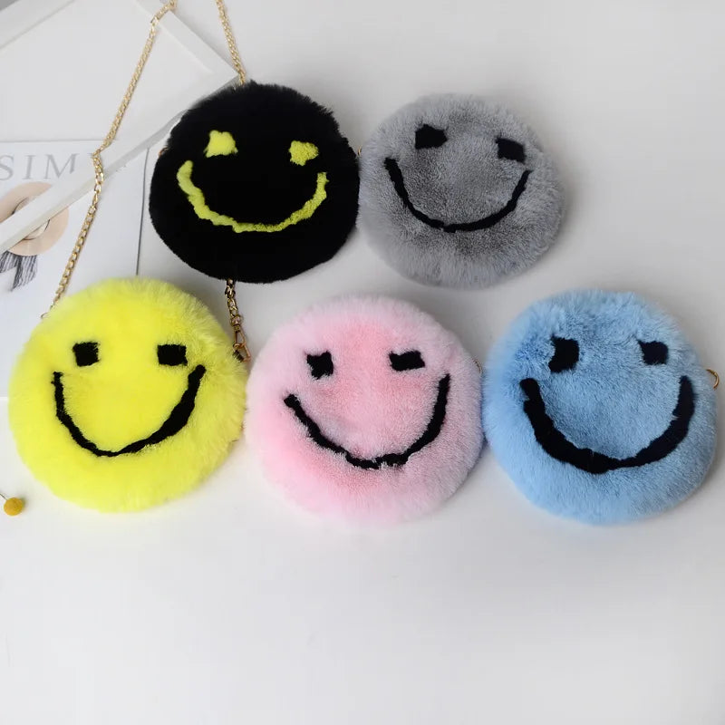 Soft Plush Women Chain Shoulder Bags Faux Fur Smiley Ladies Small Crossbody Bag