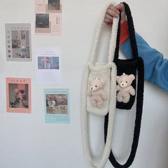 Soft Plush Women Portable Cup Bucket Bag Faux Lamb Wool Ladies Bottle Holder Sho