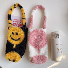 Soft Plush Women Portable Cup Bucket Bag Faux Lamb Wool Ladies Bottle Holder Sho
