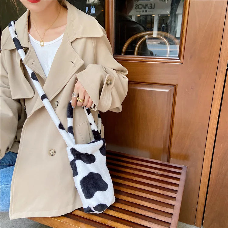 Soft Plush Women Portable Cup Bucket Bag Faux Lamb Wool Ladies Bottle Holder Sho