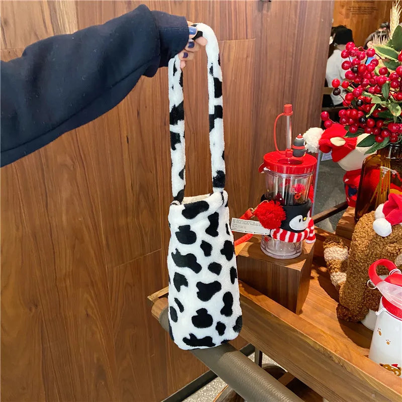 Soft Plush Women Portable Cup Bucket Bag Faux Lamb Wool Ladies Bottle Holder Sho
