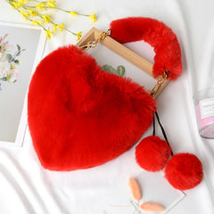 Plush Women's Heart Shaped Shoulder Bag Clutch Purse Handbags Faux Fur Winter
