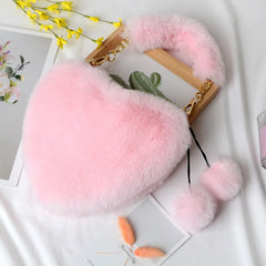 Plush Women's Heart Shaped Shoulder Bag Clutch Purse Handbags Faux Fur Winter