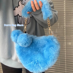 Plush Women's Heart Shaped Shoulder Bag Clutch Purse Handbags Faux Fur Winter