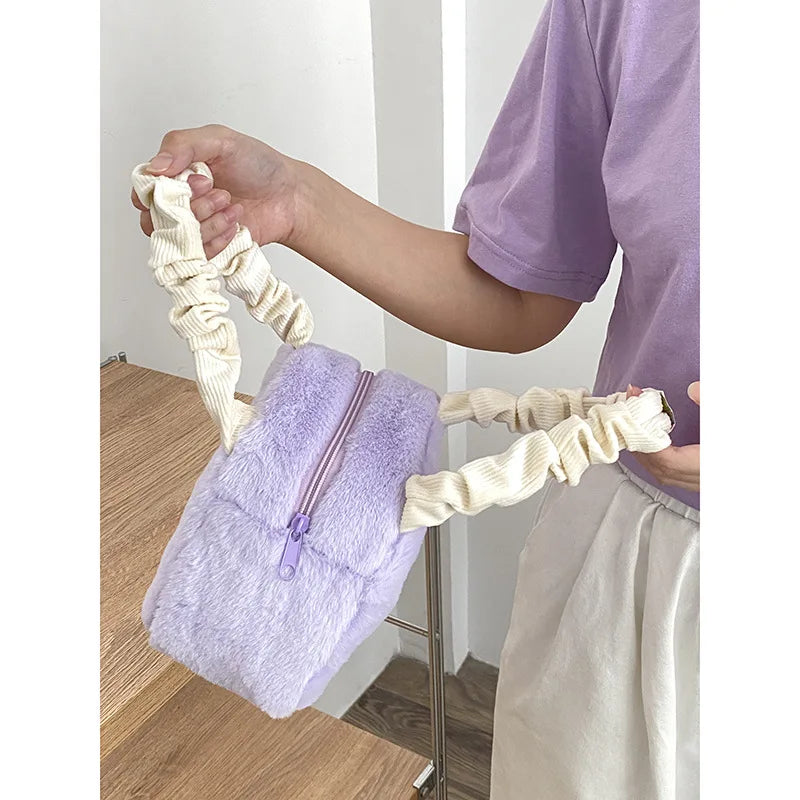 Soft Plush Shoulder Bag Winter Clutch Purse Handbag Solid Female Tote Bags
