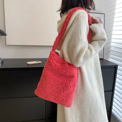 Plush Wool Fleece Shoulder Bag for Women Girls Winter Handbag Large Capacity