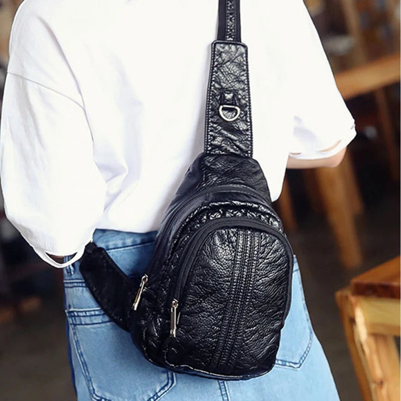 Soft Leather Women's Bag Travel Strip Chest Bag Teens Female Shoulder Bags