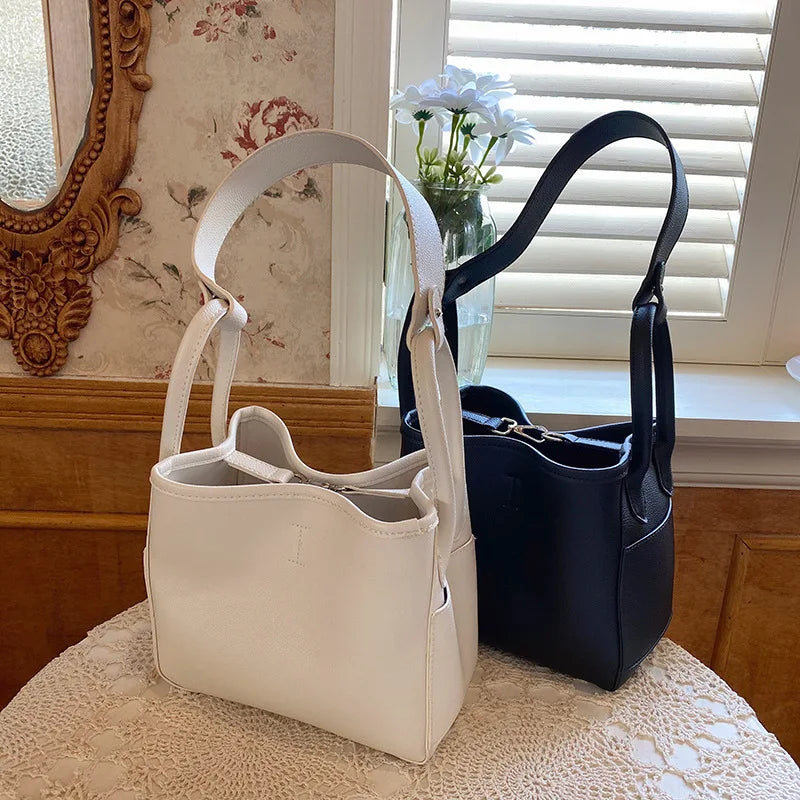 Solid Bucket Shoulder Bag Female PU Leather Shoulder Messenger Bag Lady Handbag