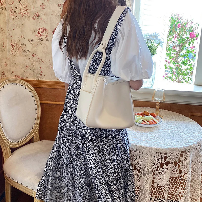 Solid Bucket Shoulder Bag Female PU Leather Shoulder Messenger Bag Lady Handbag