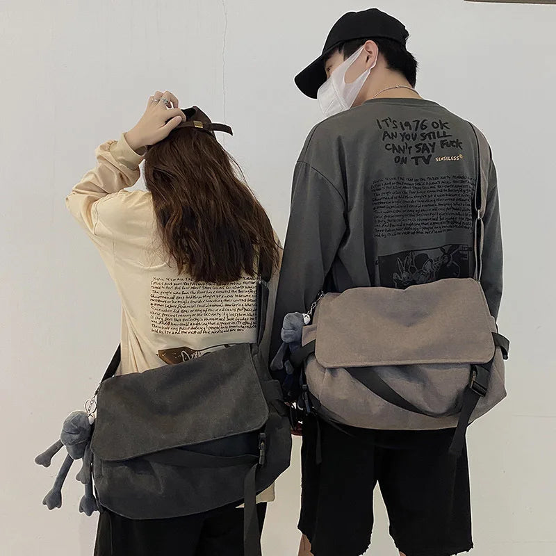 Solid Canvas Bag Harajuku Youth Messenger Shoulder Crossbody Bag