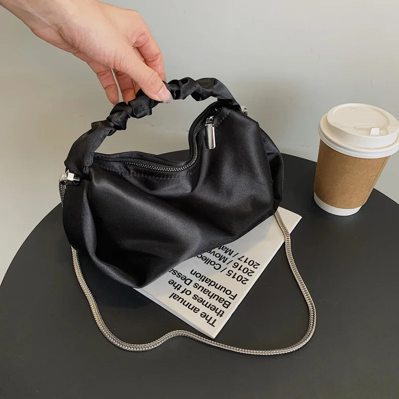 Solid Canvas Handbag Women Bag Mini Clutch Purse Metal Chain Small Drum Bag