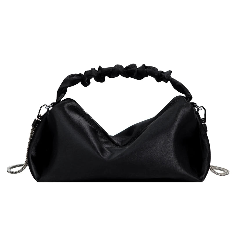 Solid Canvas Handbag Women Bag Mini Clutch Purse Metal Chain Small Drum Bag