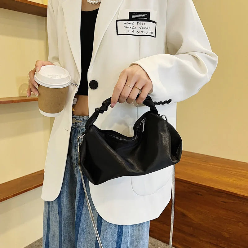 Solid Canvas Handbag Women Bag Mini Clutch Purse Metal Chain Small Drum Bag