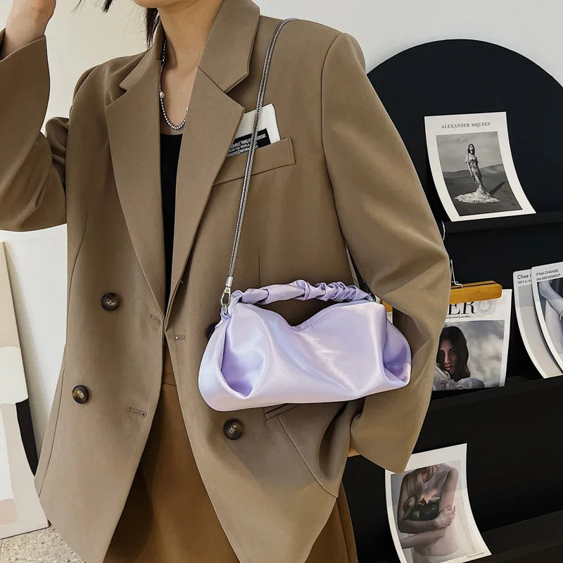 Solid Canvas Handbag Women Bag Mini Clutch Purse Metal Chain Small Drum Bag