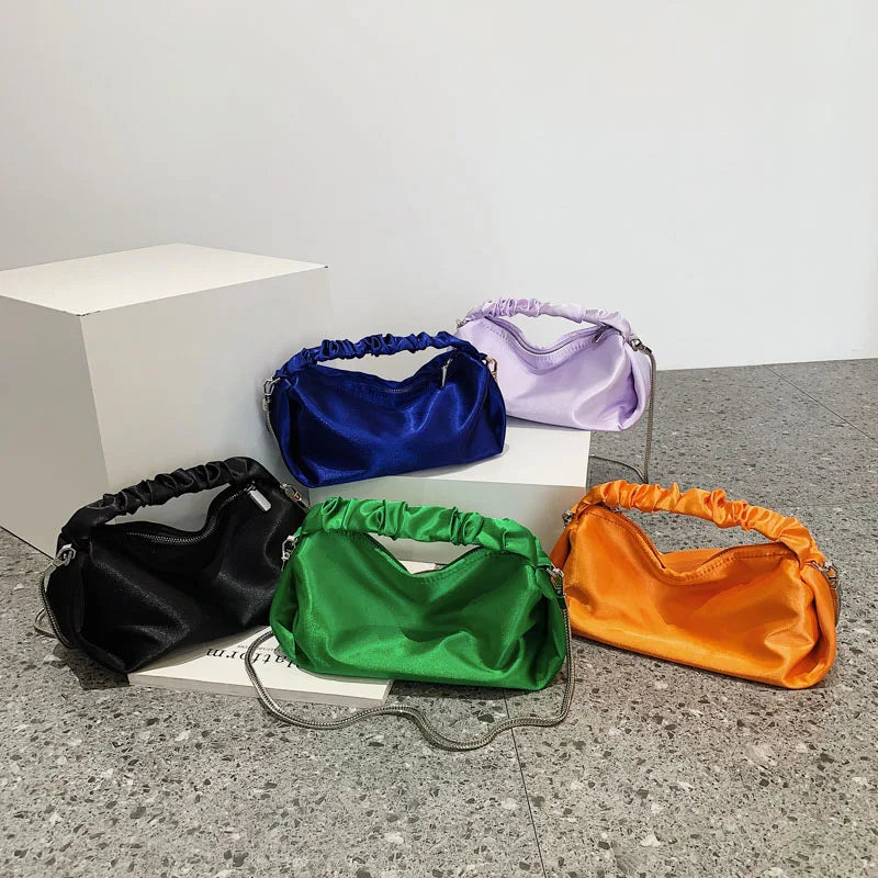 Solid Canvas Handbag Women Bag Mini Clutch Purse Metal Chain Small Drum Bag