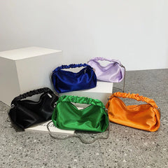 Solid Canvas Handbag Women Bag Mini Clutch Purse Metal Chain Small Drum Bag