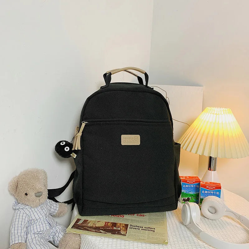 Solid Canvas Women Backpack Double Shoulder Travel Bag