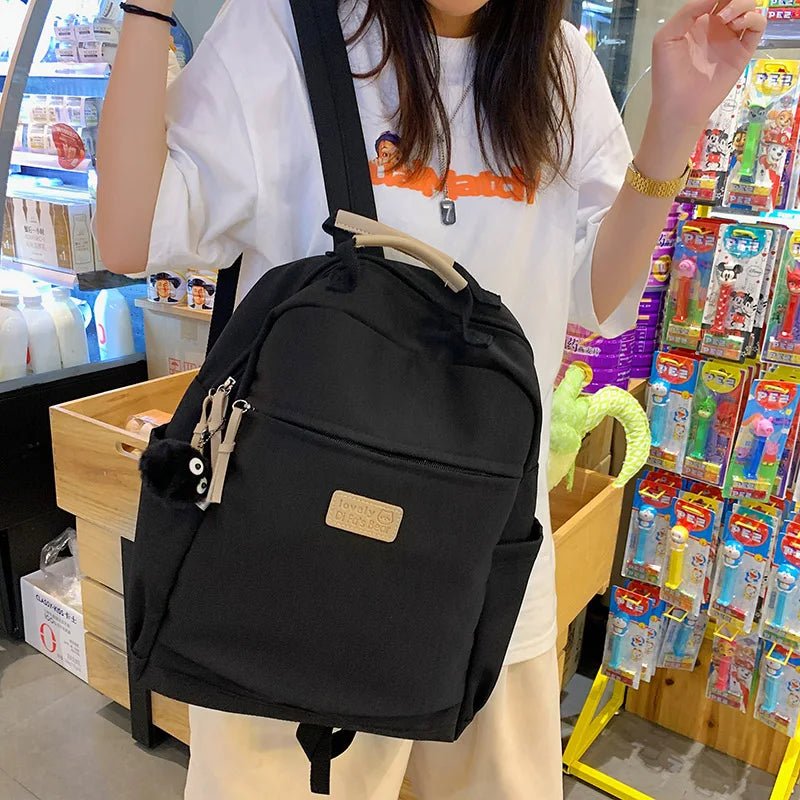 Solid Canvas Women Backpack Double Shoulder Travel Bag